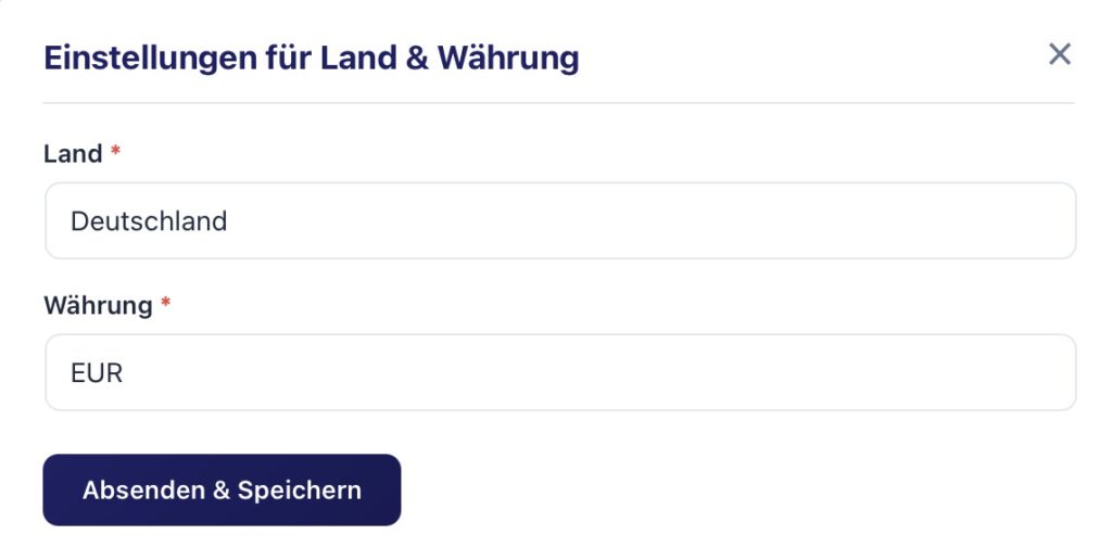 Einstellungen für Land und Währung
